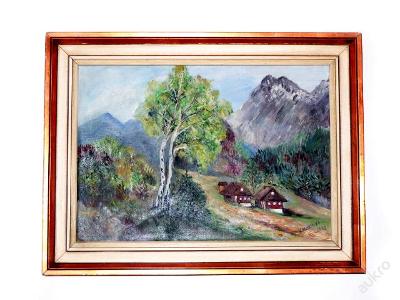 obraz, olej, chatky v horách, signován, 1974