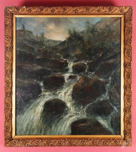 Vodopád. Veľký obraz z 19. storočia. Signovaný