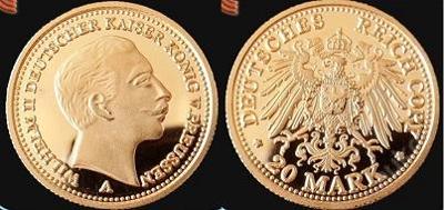 NEMECKO 20 mark kaiser Wilhelm II pozlátená