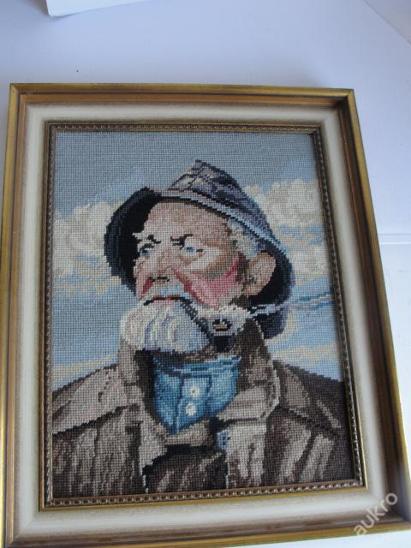 Starý obraz Gobelín-starý námořník, muž s fajfkou, Belgie