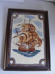 Starý Porcelánový obraz - loď, plachetnice
