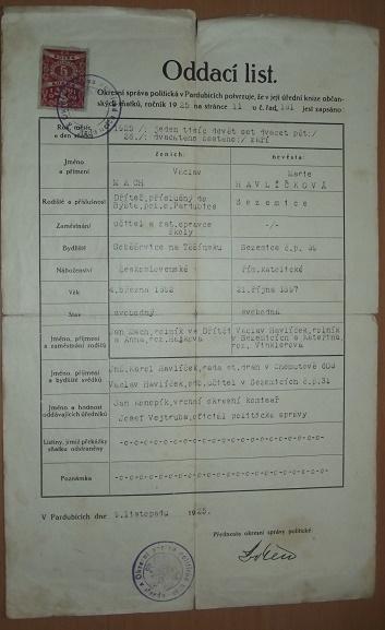 Oddací list 1925 - dokument