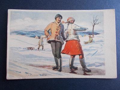 Umělecká pohlednice malíř Blažek Radost mládí v zimě 1928