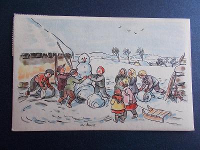 Umělecká pohlednice  malí Moravec zima děti sněhulák vánoce