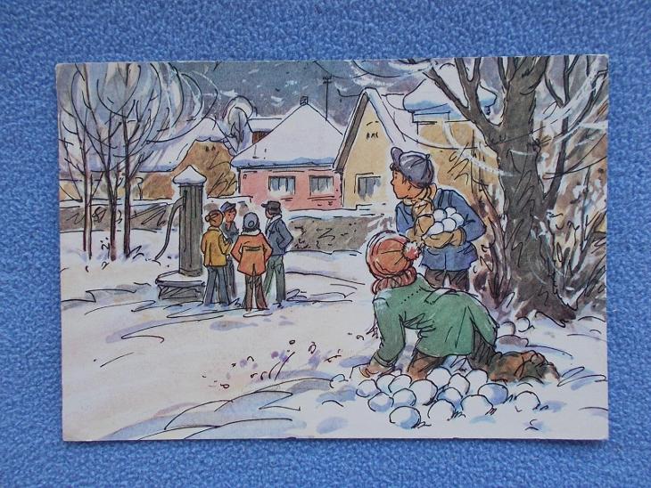 Pohlednice Vánoce malí Čemus sníh sněhulák děti koulovaná 
