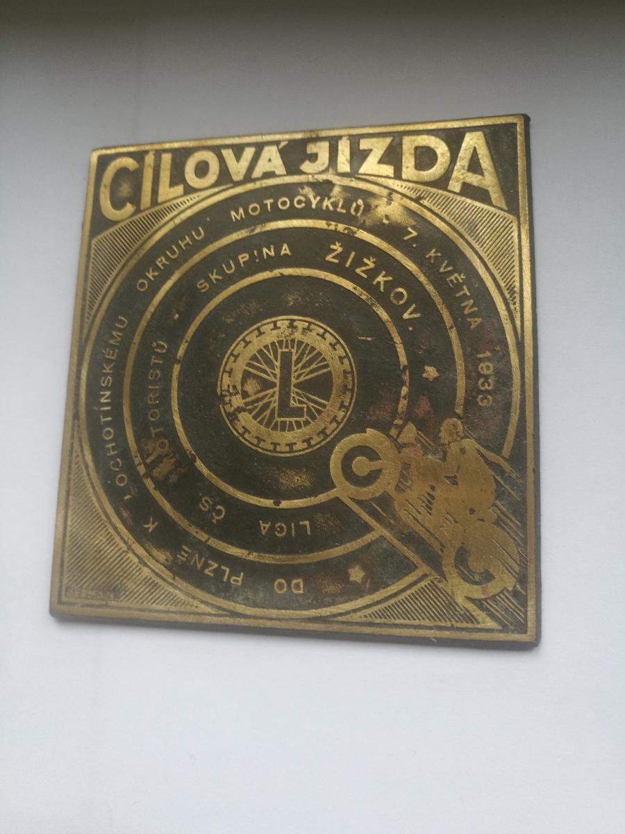 Plaketa - Cílová jízda 1933 do Plzně  - LIGA ČS. MOTORISTŮ  - Auto-moto