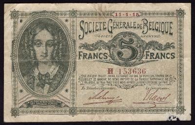BELGIE Société Générale de Belgique 5 Francs 1915 Cenná