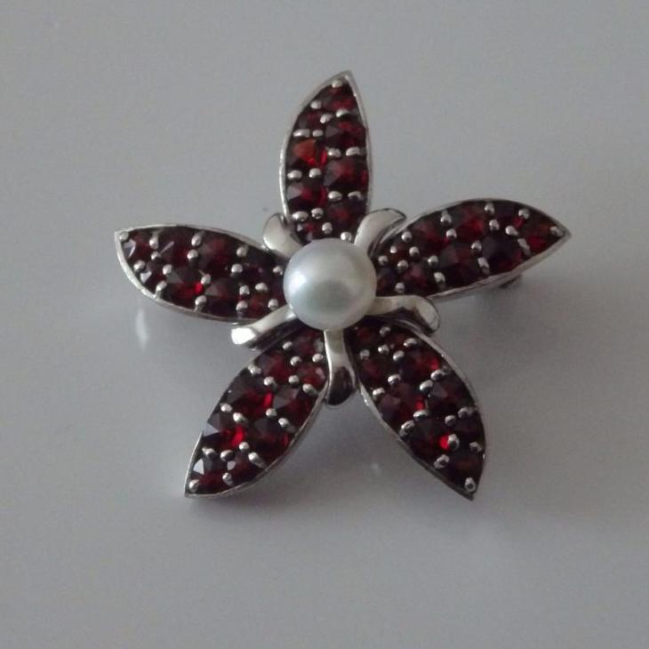 Stříbrná brož s českými granáty, rhodiovaná - Šperky