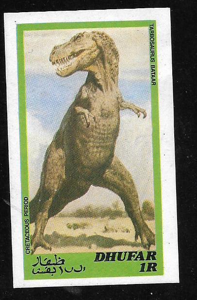 Omán/Dhufar - dinosauři - Tarbosaurus Bataar - Známky