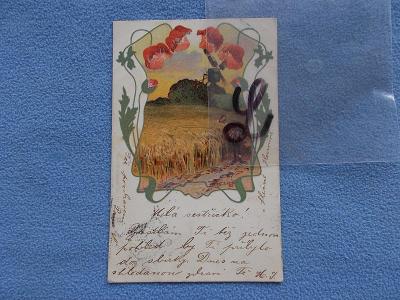 Koláž Luxusní sbírková pohlednice Secese Vlčí máky žně obilí mlýn DA