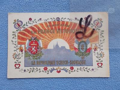 Koláž sbírková pohlednice zlacená Alegorie Vznik ČSR díky Francii 