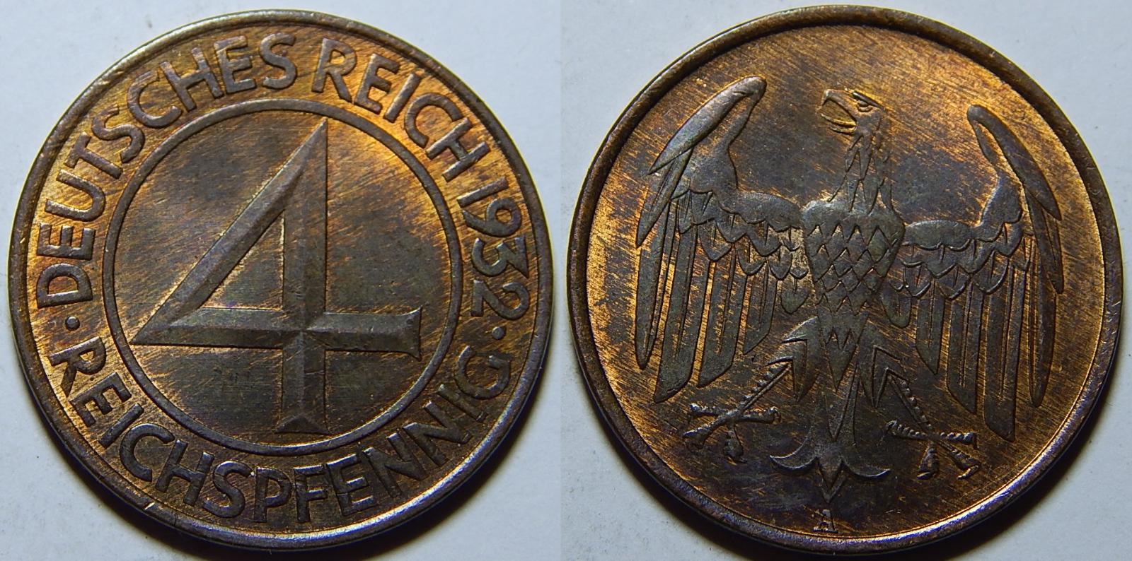 Německo Výmarsko 4 Pfennig 1932A XF-UNC č35431 - Numizmatika