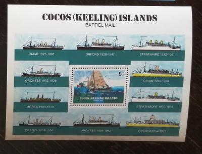 Kokosové ostrovy 1984 - svěží aršík, lodě a barelová pošta