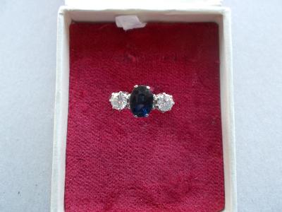Starožitný briliantový prsten Modrý safír platina šperk Investice punc