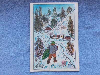 Umělecká pohlednice Josef Lada malíř Vánoce stromeček   Odeon