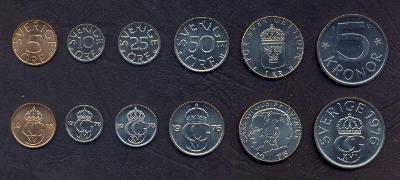 ŠVÉDSKO KOMPLETNI SADA MINCI 5+10+25+50 Öre +1+5 Kronor 1976 6 ks UNC