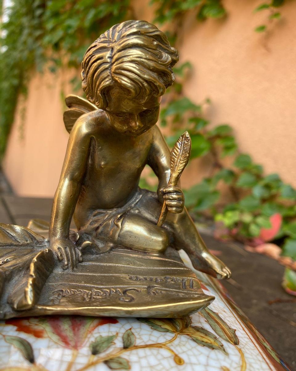Velká porcelánová dóza - bronzový anděl sedící na knize - Starožitnosti a umění