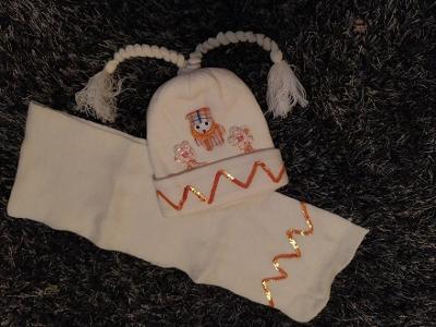 dívčí čepička a šál, obvod hlavy 39 - 50 cm s třpytkami 