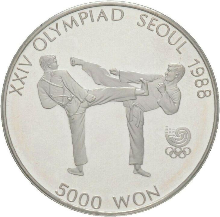Korea 5000 Won 1987 Olympiáda Tae Kwon Do Ag PROOF čŠU011