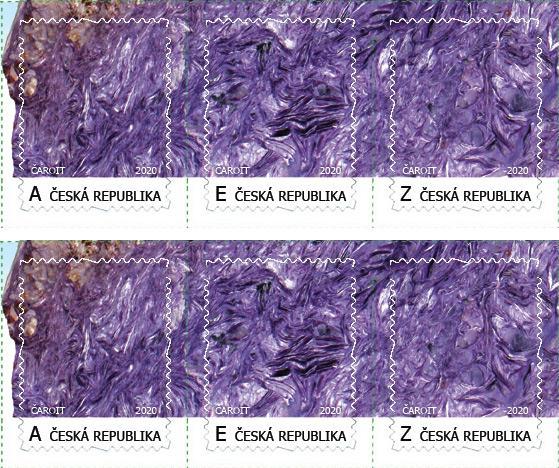 VZ Svět minerálů, dva 3-bloky čaroit detaily A-E-Z (nominál 220 Kč) - Známky Československo+ČR
