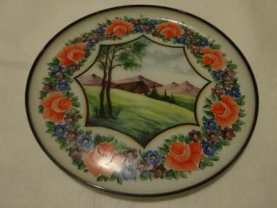 Starožitný skleněný talíř ruční malba chalupy