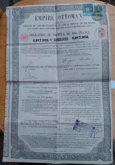 Turecký dluhopis na 400 Franků z roku 1870