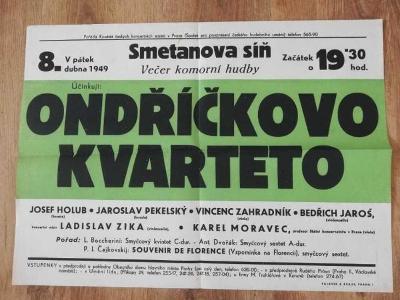 Starý plakát Ondříčkovo Kvarteto, Smetanova síň 8.4.1949 