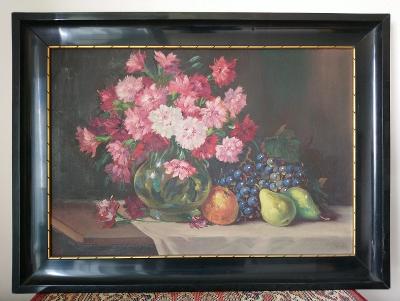 Josef Steinský, Zátiší s květinami a ovocem, 70x50 cm