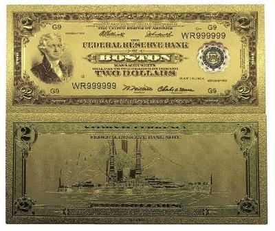 USA 2$ dolary americké dollars Zlatá bankovka fólie dolary