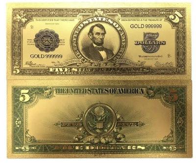 USA 5$ dolarů amerických dollars Zlatá bankovka fólie dolary