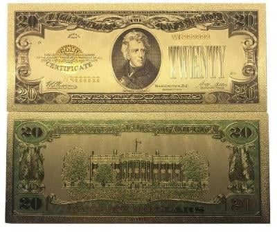 USA 20$ dolarů amerických dollars Zlatá bankovka fólie dolary