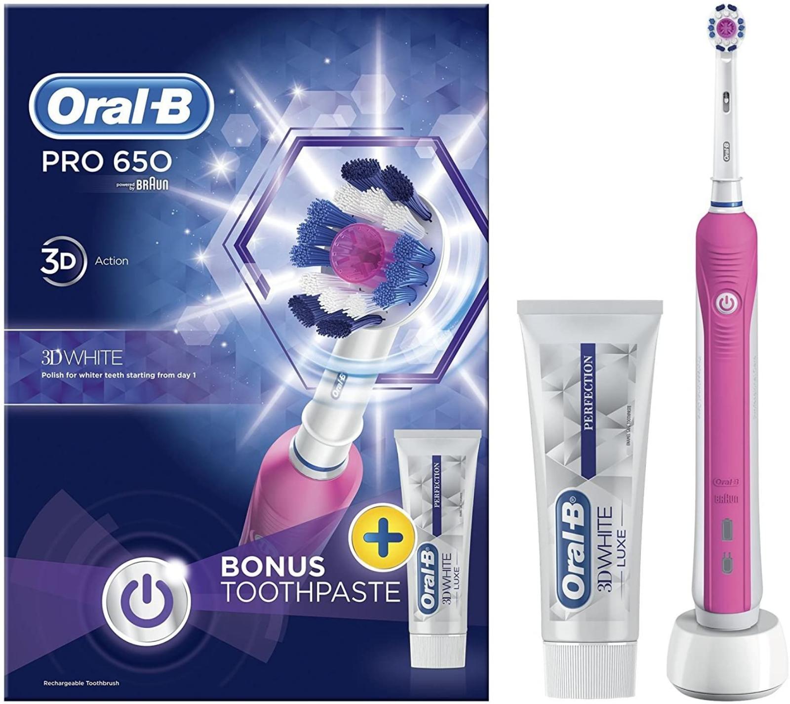 Elektrický zubní kartáček Oral-B PRO 650 Rosa  + pasta Oral B 3D White - Péče o tělo a zdraví