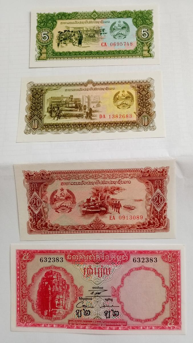 Kambodža 5 rieis (1962-1975), Laos – dem. rep. 5,10,20 kip celkem 4 ks - Bankovky Asie