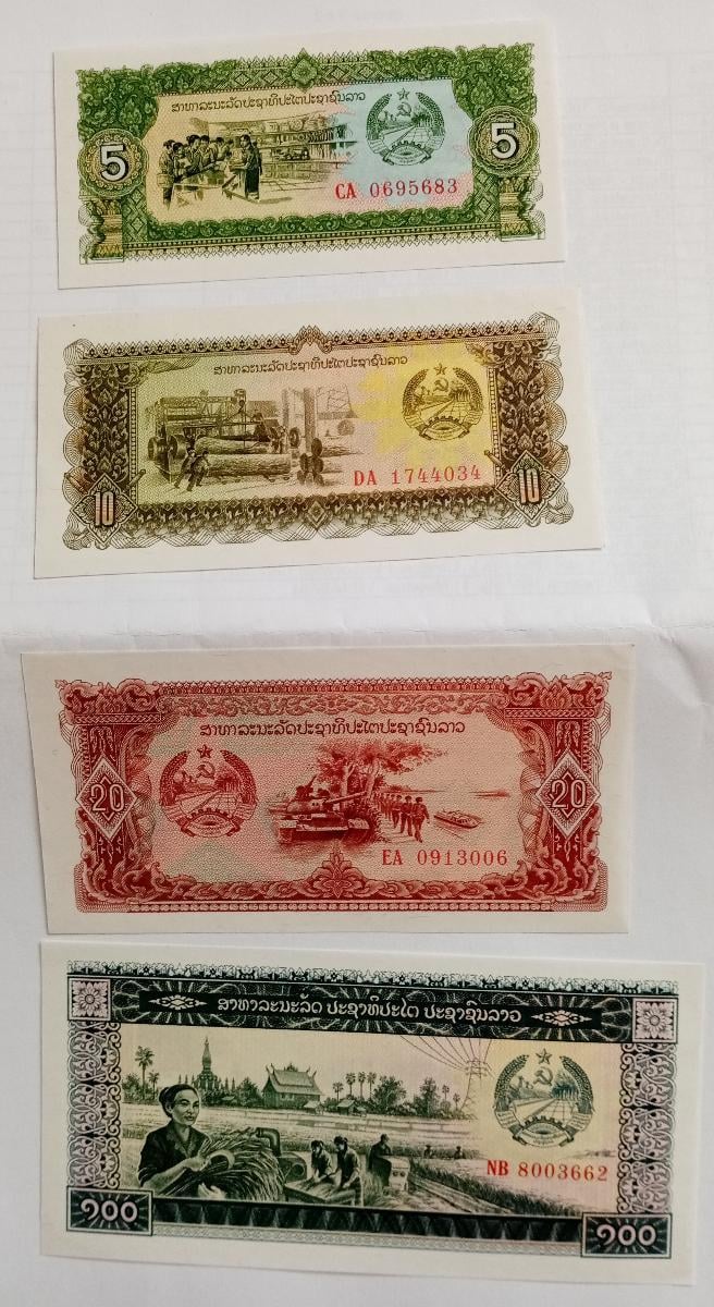 Laos – demokratická republika 5,10,20,100 kip, celkem 4 ks - Bankovky Asie