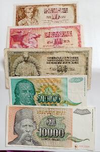 Jugoslávie 10, 100, 500, 500000, 10000 dinárů celkem 5 ks