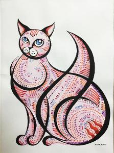 Mačka - atrament, akvarel na papieri 42 x 30cm