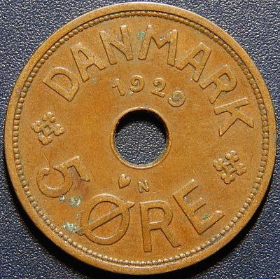 Dánsko 5 Ore 1929 N, GJ r XF č28839