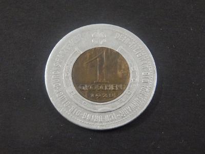 Hliníkový žeton v kombinaci s mincí 1 Groschen 1928.