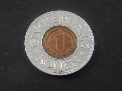Hliníkový žeton v kombinaci s mincí 1 Pfennig 1950 F.