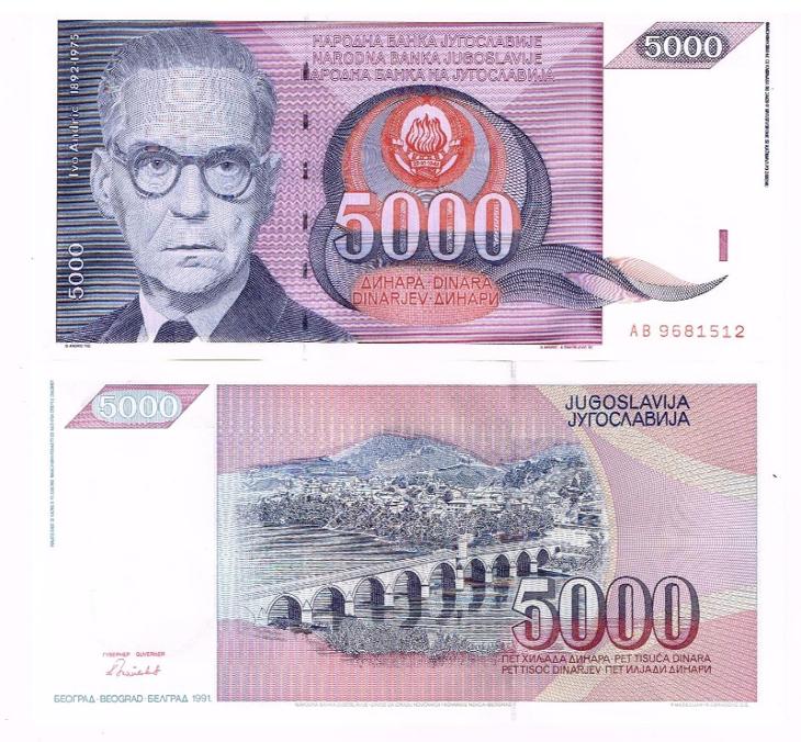 Jugoslávie 5000 dinara UNC / N Ivo Andric - Bankovky