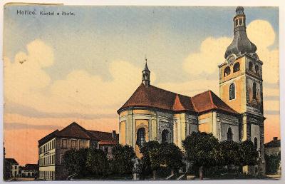 Stará pohlednice / dopisnice / pohled HOŘICE - kostel, škola, CENTRUM