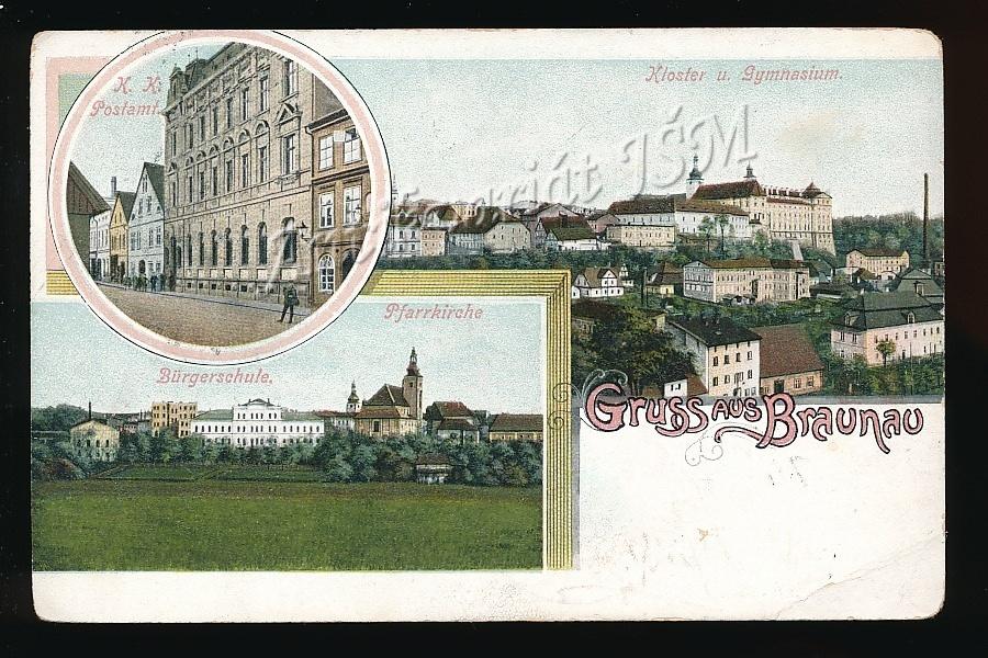 Náchod H1498 Broumov Škola Kostel Pošta Koláž - Pohľadnice miestopis