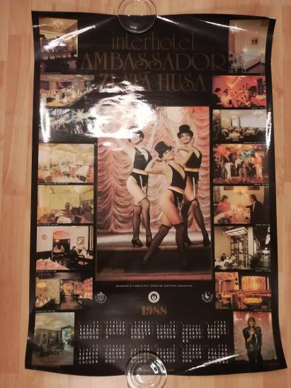 RETRO nástěnný kalendář 1988 interhotel AMBASSADOR ZLATÁ HUSA 66x98 cm - Starožitnosti a umění