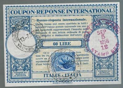 Itálie 1956 IRC mezinárodní odpovědka 60 Lire + znamky 60 Lire