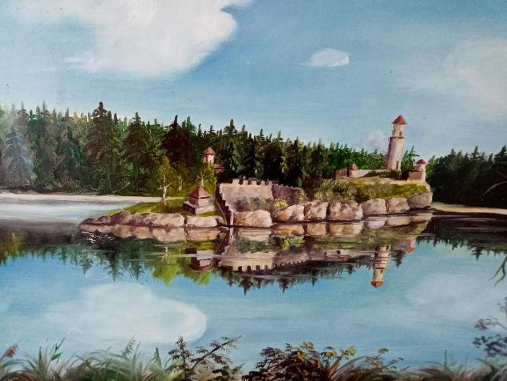 Hrad na jezeře signováno nečitelné - Výtvarné umění