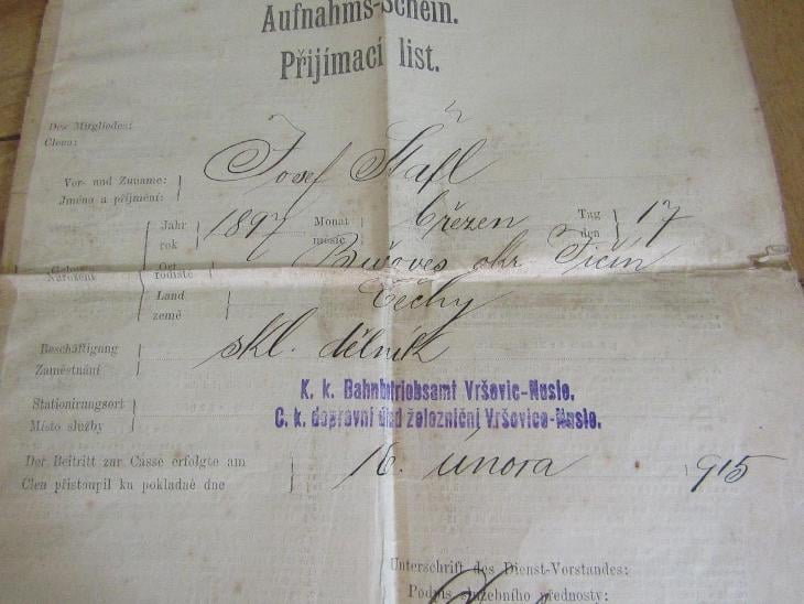 Přijímací list 1915