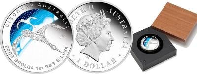 Stříbrná mince Discover Australia 2009 Brolga kolorovaná 1 Oz Proof
