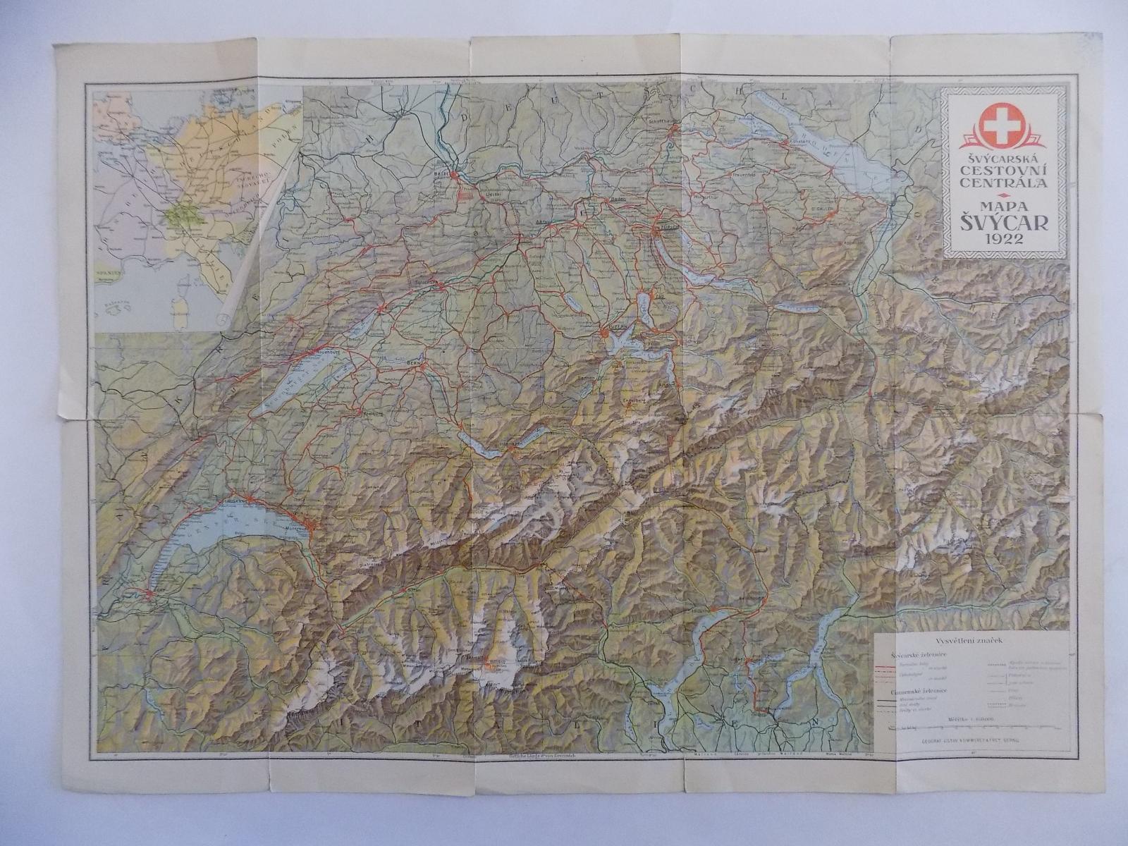 STARÁ MAPA Č.219 - ŠVÝCARSKO, 57 X 41 CM,1922 - Mapy a veduty Evropa