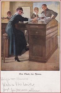 Žena * úředník, psací stůl, voják, válka, sign. Wennerberg  * M2854