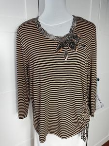 Skvělé dámské pruhované tričko, zdobené korálky,černé/hnědé, M.
